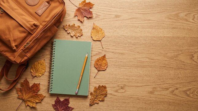 Autumn study essentials flat lay with a brown backpack, green notebook, pencil, and colorful fall leaves on a warm wooden background, perfect for back-to-school themes