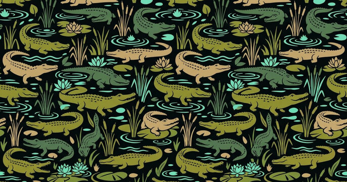 Crocodile and alligator swamp wildlife seamless pattern