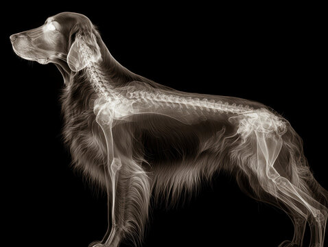 Irish Setter in X-ray fusion 3D left half with muscular brown coat, skeletal structure visible right half overlays medical scan image revealing internal organs and skeleton Artistic - AI-Generated