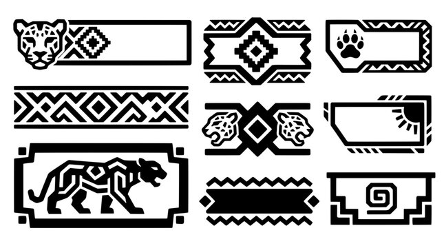 Jaguar head diamond banner zigzag border paw print frame and walking panther vector elements design set