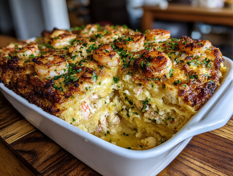 Top view of a 9x13 white ceramic baking dish containing bubbling seafood lasagna, with a crispy breadcrumb and parmesan crust Visible layers reveal ricotta cheese, shrimp, and crab mea - AI-Generated