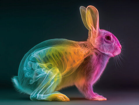 A vibrantly colored X-ray rabbit, centrally positioned with visible internal skeleton Digital art3D rendering style, vivid and varied colors pink, blue, green, yellow, purple, soft - AI-Generated