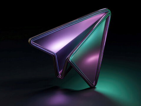 Abstract 3D sculpture, matte purple metallic, vibrant green and purple lighting, game-devcartoon style, asymmetrical, irregular angular sections, strong color palette purple, blue, s - AI-Generated