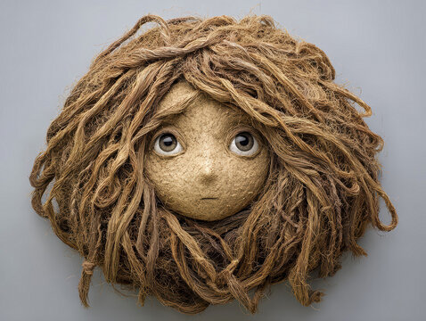 A sculpture of a young girl with curly hair and expressive eyes, made from organic fibers The setting is nondescript Soft ambient lighting highlights the facial features, conveying in - AI-Generated
