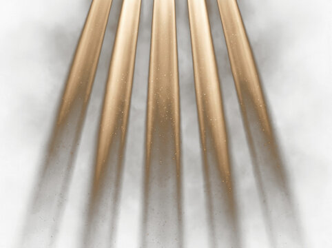 Golden light rays shining down from above with dust particles isolated on transparent background