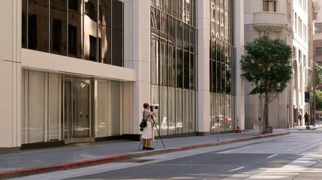 Photographer uses camera on tripod along quiet city street beside modern glass building. Reflections on facade and empty sidewalk frame outdoor urban photo session