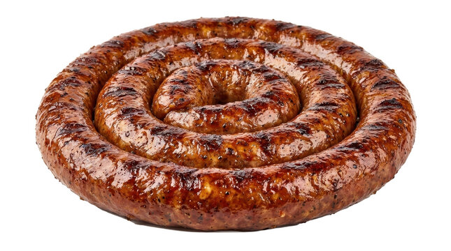 A delicious coiled grilled sausage with charred marks captured in a crisp studio shot against a clean white background for a savory food concept.