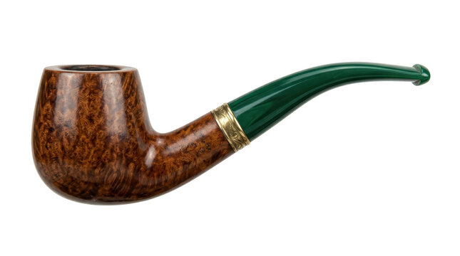 A classic briar tobacco pipe with a green stem and gold band, isolated on a white background, showcasing detailed wood grain and craftsmanship.
