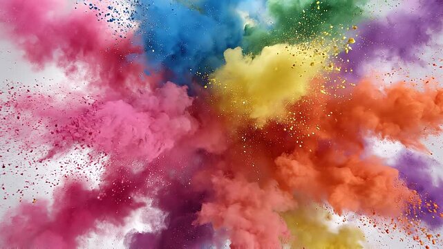 Rainbow Colored Powder Cloud Burst on White Background