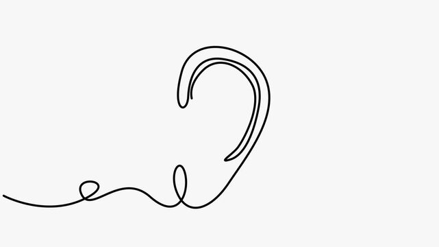 Continuous line art animation of a human ear drawing sketch on clean light grey background