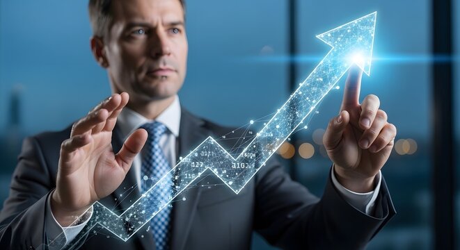 Business professional interacting with digital upward growing arrow chart symbol in dark office atmosphere representing financial growth investment success market strategy progress and analytics.