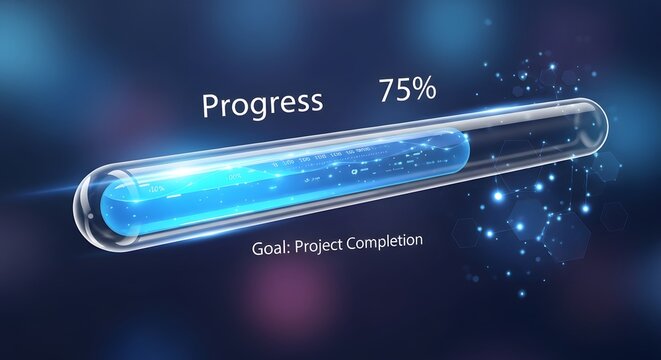 Digital progress loading bar demonstrating project completion status seventy five percent complete with glowing blue energy flowing through glass tube over dark technological background.
