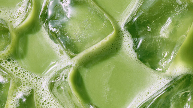 creamy iced matcha latte macro texture with green tea swirls