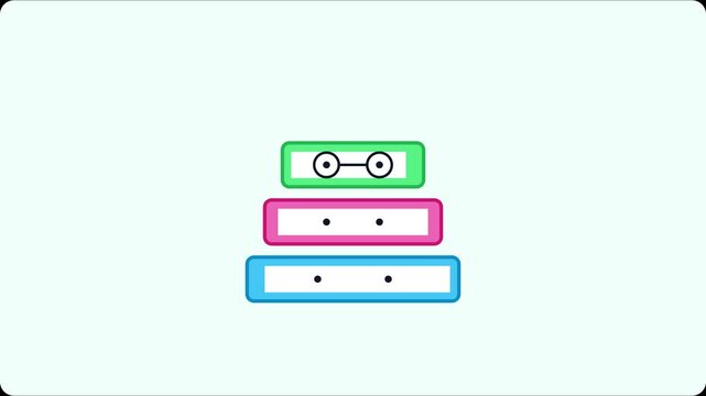 Minimalist abstract robot face animation with colorful layered rectangles and dynamic eyes 4k