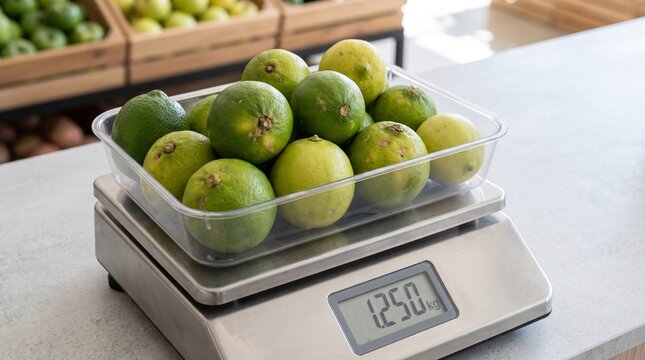 Fresh Limes Weighing On Digital Scale In Grocery Store Produce Section