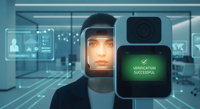 Facial recognition technology scanning woman's face for security verification with successful confirmation message on screen in modern office environment emphasizing biometrics and identification.