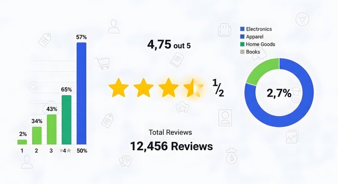 Product review analytics with bar charts star ratings pie chart and total review count showing customer satisfaction and product performance in e commerce business metrics.