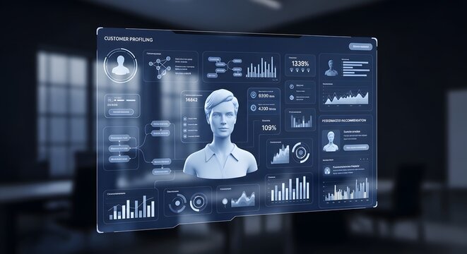 Futuristic customer profiling dashboard interface floating in dark office room showing personal profile data behavioral analytics statistical charts and consumer recommendation AI engine insights.