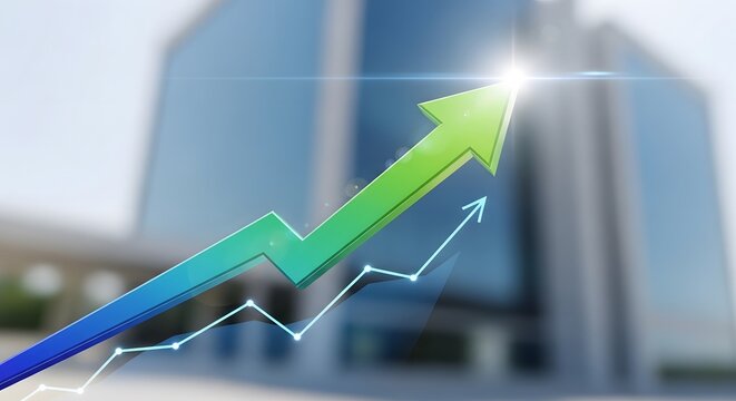 Green arrow pointing upwards over financial chart showing upward trend and growth in front of blurred office building modern business success concept technological advancement abstract background.