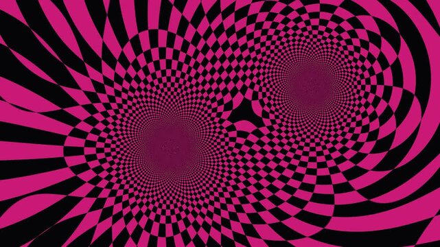 Vibrant Magenta geometric patterns with optical illusions and checkered textures in motion