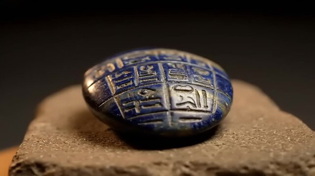 Lapis lazuli stone features intricate ancient inscriptions polished into its dark blue surface.