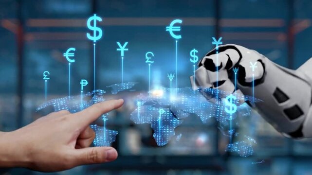 Human and Robotic Hand Interacting with Digital World Map and Global Currency Symbols