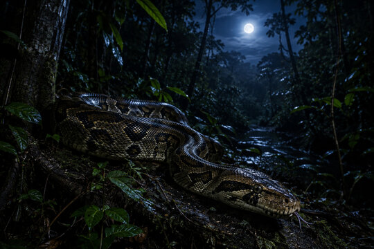 A reticulated python in the jungle at night