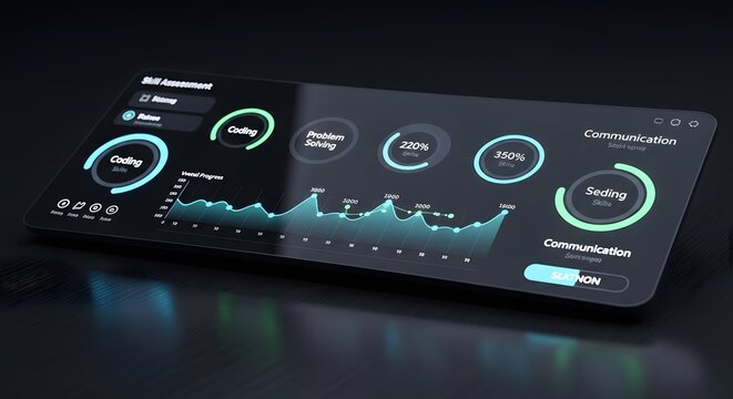 Digital skill assessment dashboard interface showing performance metrics for coding and communication abilities in dark UI design for professional development and training tracking.