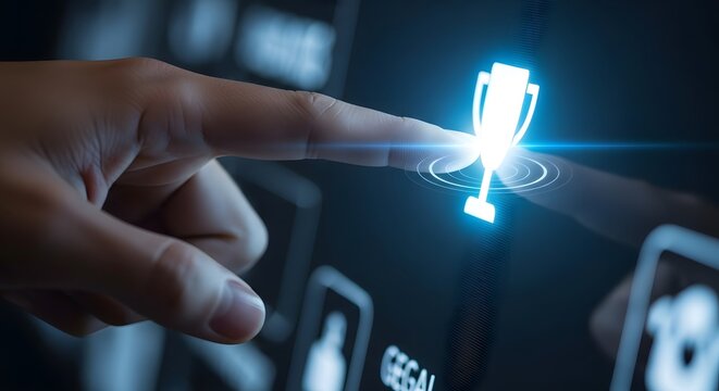 Close up view of finger touching glowing trophy icon on digital holographic screen interface showing achievements and success representation concept for business growth in modern virtual reality.