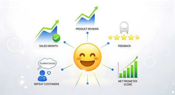 Positive happy emoji surrounded by connected marketing success metrics including sales growth product reviews feedback star rating repeat customers and high net promoter score icons visualization.
