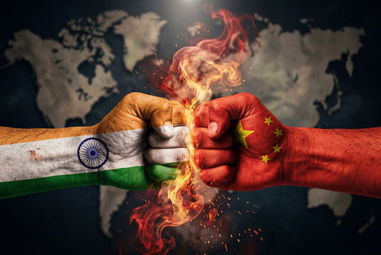 Two fists painted with flags of india and china clashing together with fire against a world map