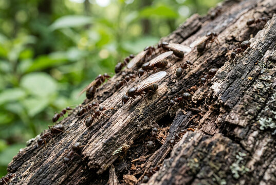 Close up of winged and wingless ants crawling on tree bark