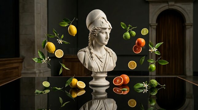 Surreal marble bust of Athena with levitating citrus fruits