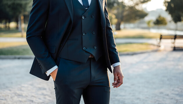 Elegant Man in Navy Blue Three-Piece Suit, Crisp White Shirt, and Tie, Standing Outdoors with Soft Sunlight and Blurred Park Background, Professional Attire for Business and Formal Events