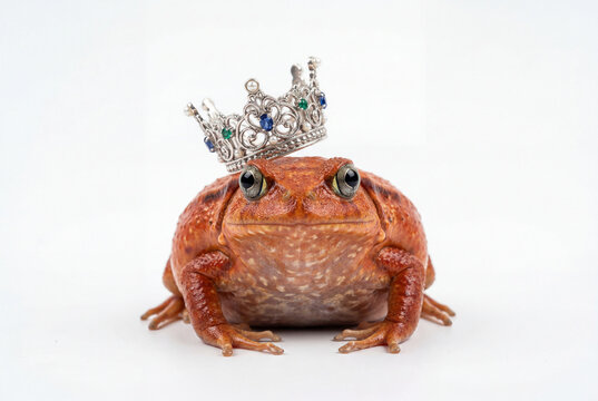 Plump reddish orange frog wearing a regal silver crown