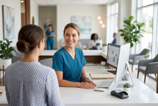 Smiling female medical professional in blue scrubs at a clinic front desk