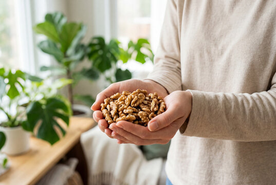 Woman holding a large handful of fresh raw walnut halves