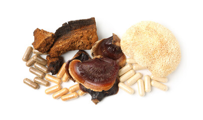 Different functional mushrooms and pills isolated on white, top view © New Africa