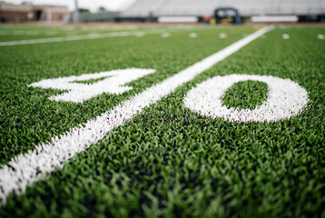 Obraz premium Close up of the forty yard line marker on a green artificial turf football field