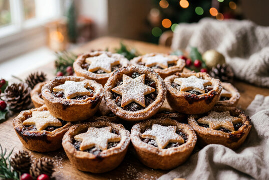 Pile of festive artisan christmas mince pies dusted with icing sugar