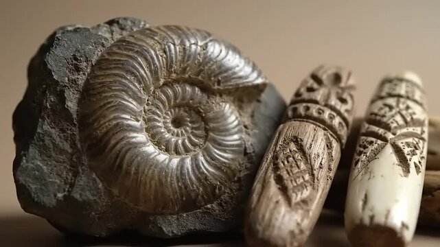 Fossilized ammonite shell sits alongside carved bone artifacts on a neutral surface.