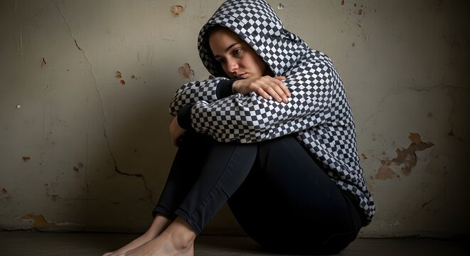 Distressed person sits on floor against a rough wall feeling sad