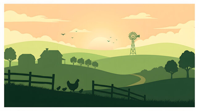 A beautiful pixel art landscape featuring a peaceful farm with rolling green hills a rustic windmill and chickens at sunset