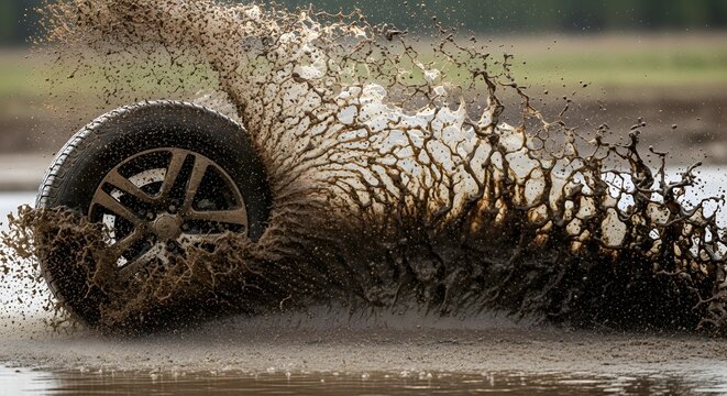 Vehicle tire forcefully splashes mud while driving through a large puddle