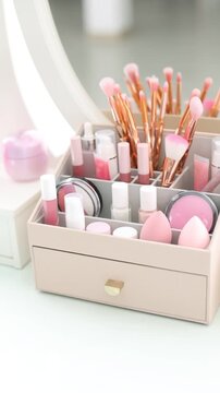 Organizer with different makeup products and brushes on vanity indoors. Camera moving left