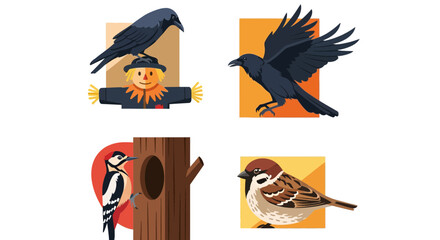 Naklejka premium Autumn birds icon set with crow scarecrow woodpecker and sparrow