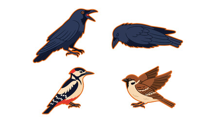 Naklejka premium Set of autumn bird icons including crow woodpecker and sparrow
