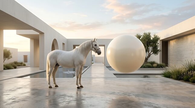 Surreal White Horse and Floating Sphere in Minimalist Architecture