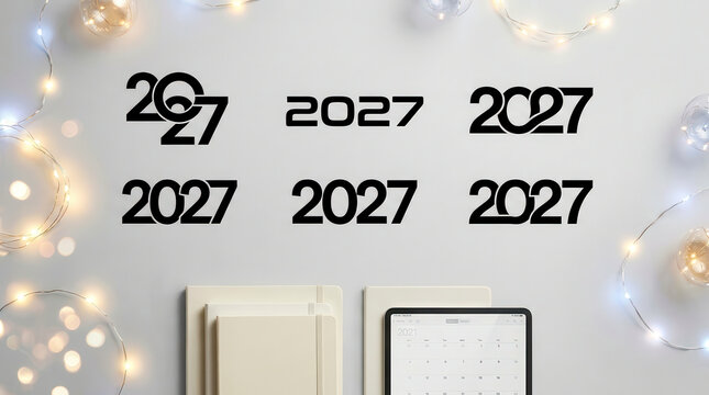 Set of six different 2027 year typography designs on a light background with fairy lights