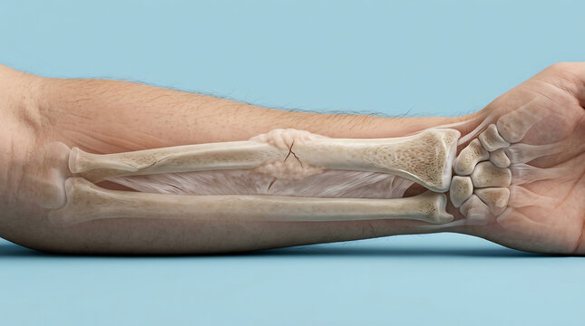 3D medical illustration of a human forearm showing a healing bone